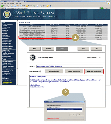 BSA E-Filing Sample Alert Page